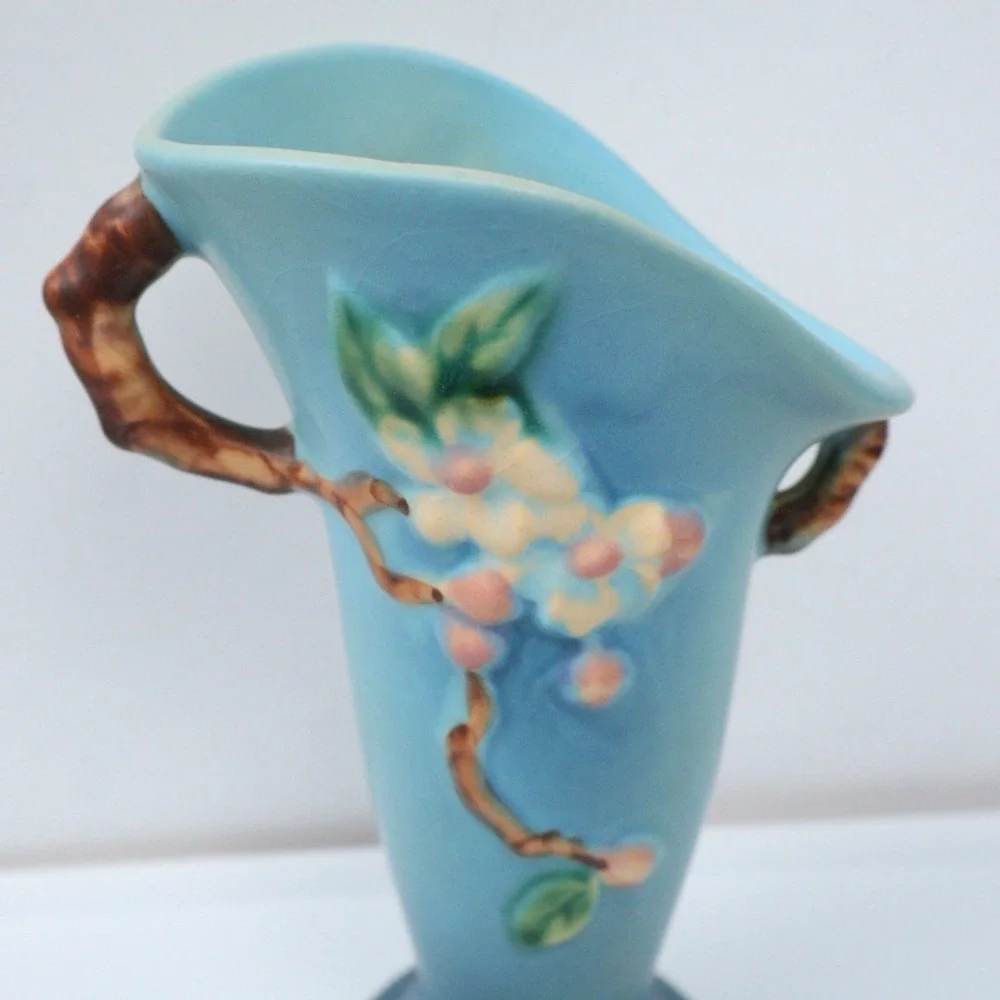 Roseville Vintage Pottery Apple Blossom Vase Shape 382-7 Aqua Blue